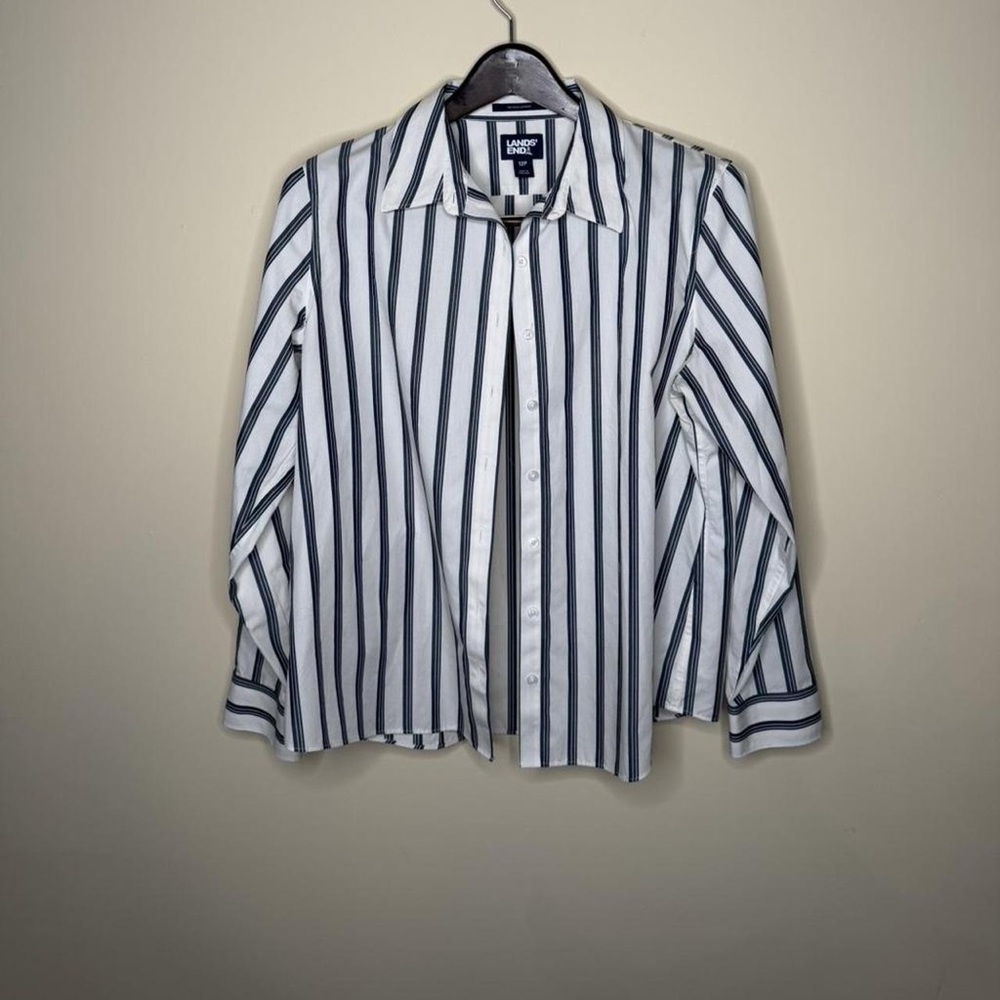 Lands' End Black and White Striped Button Down Shirt